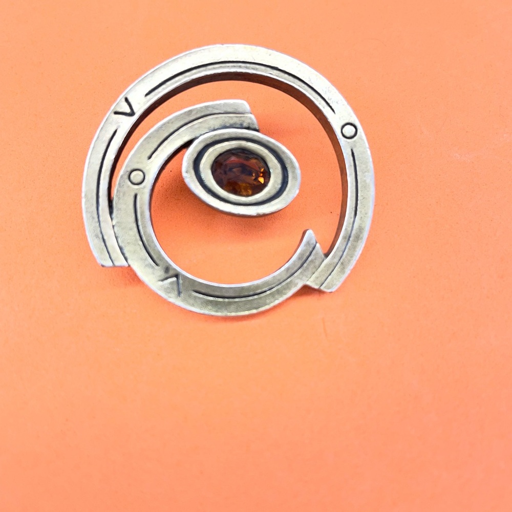 Modern Silver Spiral Brooch with Amber Stone - Women's Jewelry